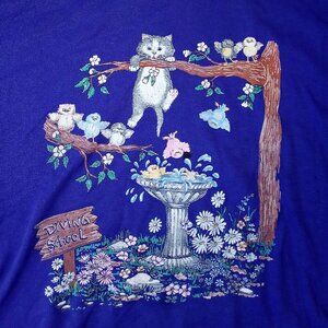 Vintage Diving School Cat & Bird Bath Illustration Collared Sweatshirt